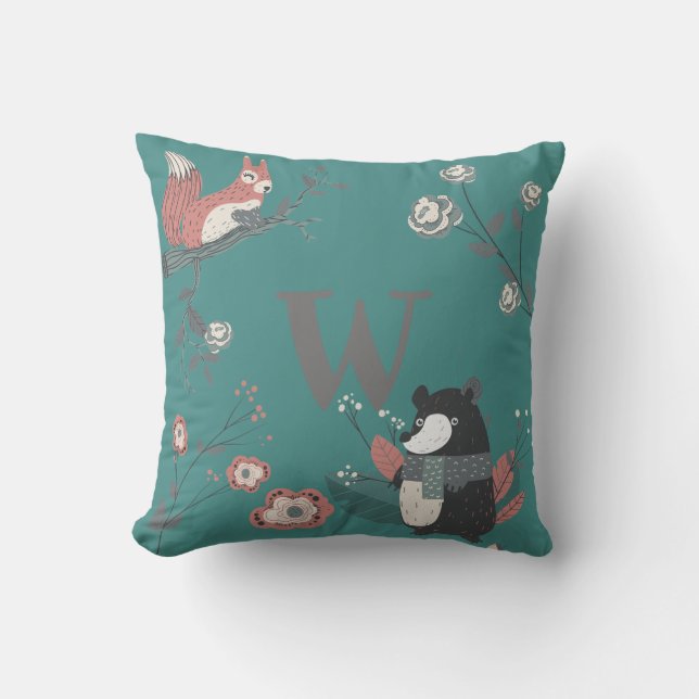 ADD LETTER -  Nordic Woodland Animals Folkart Teal Throw Pillow (Front)