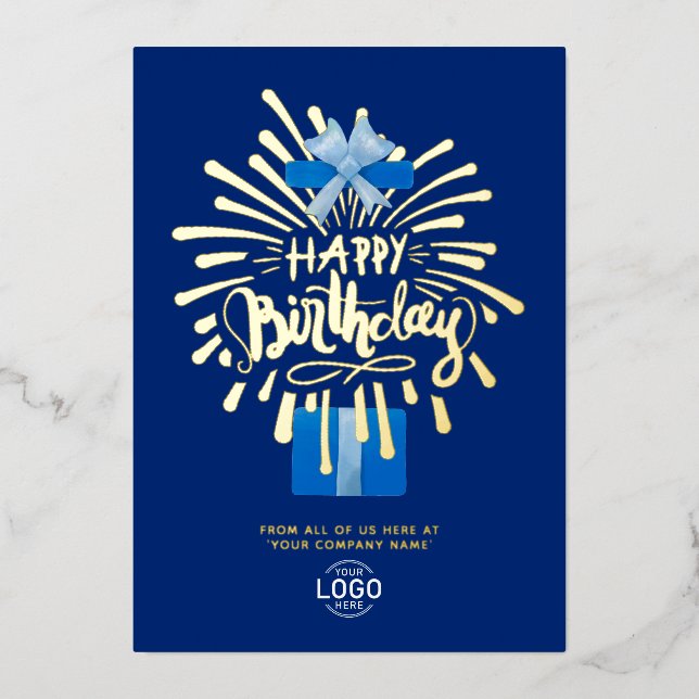 Add Logo Blue Gift Box Fireworks Business Birthday (Front)