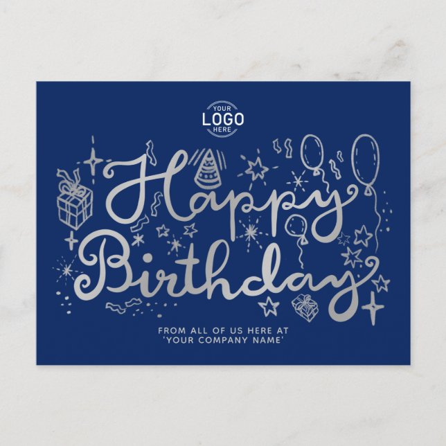 Add Logo Business Fun Doodle Silver Happy Birthday Holiday Postcard (Front)