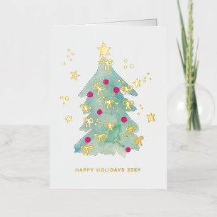 Add Logo Christmas Tree Ribbons Pink Business Foil Holiday Card