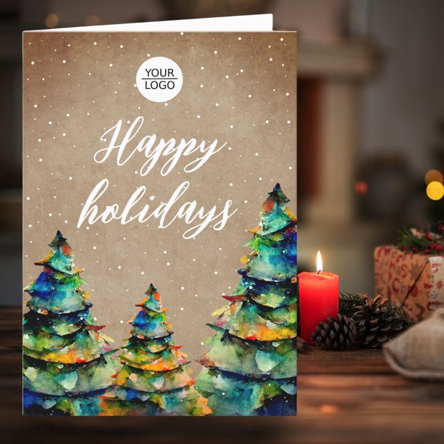 Add Logo Custom Text Christmas Tree Customer Holiday Card (Creator Uploaded)