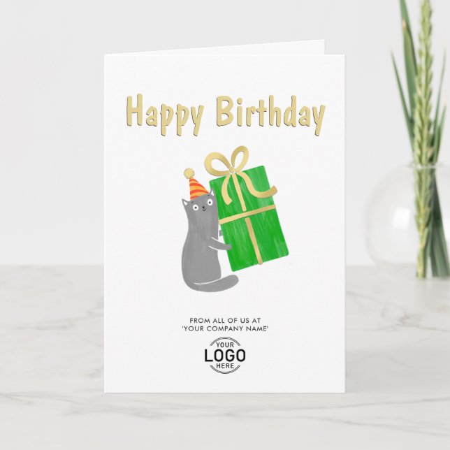 Add Logo Cute Cat Green Gift Business Birthday Card (Front)