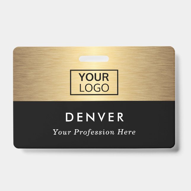 Add logo employee name title black golden gradient badge (Front)