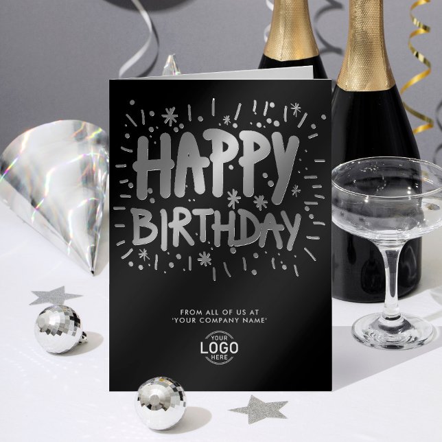 Add Logo Fun Doodle Happy Birthday Black Silver Foil Greeting Card (Creator Uploaded)
