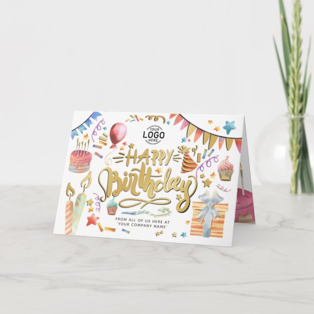 Add Logo Fun Party Faux Gold Business Birthday Card (Front)
