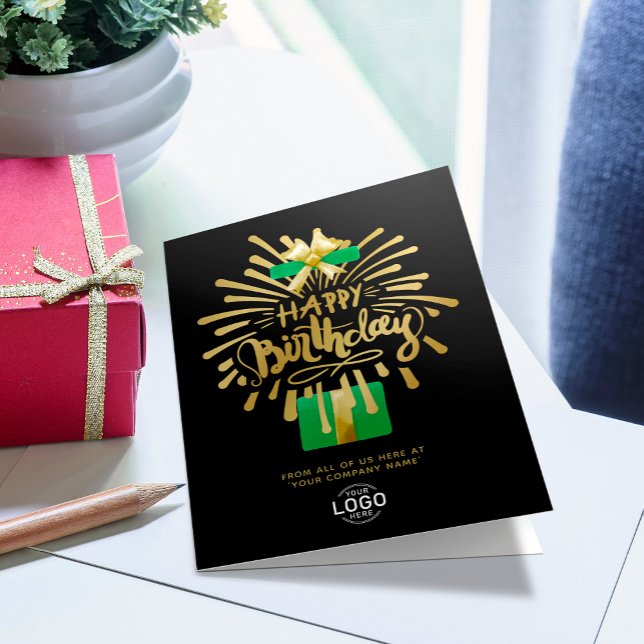 Add Logo Green Gold Fireworks Black Group Birthday Card (Front page)
