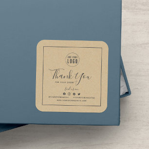 Add Logo Grey Border Social Media Thank You Kraft Square Sticker