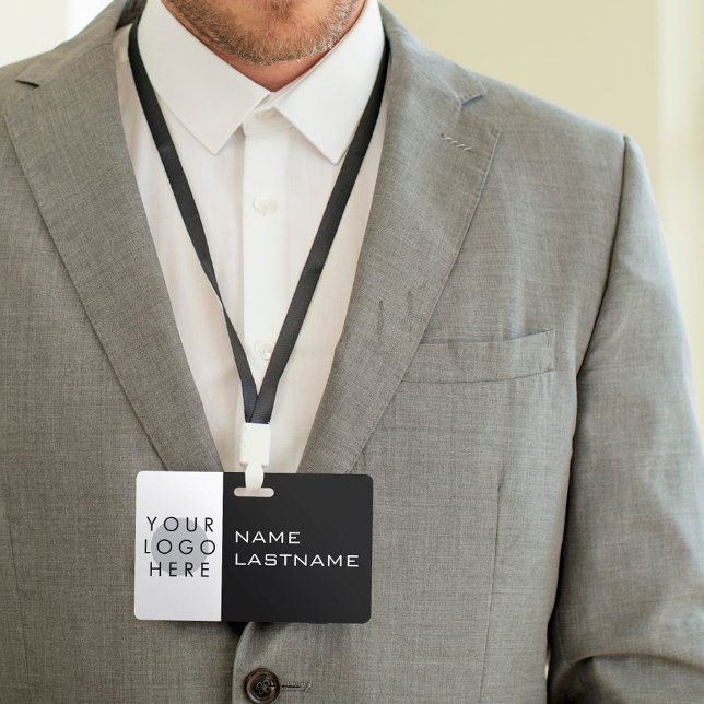 Add Logo Horizontal Simple Modern Black White Name Badge (Creator Uploaded)