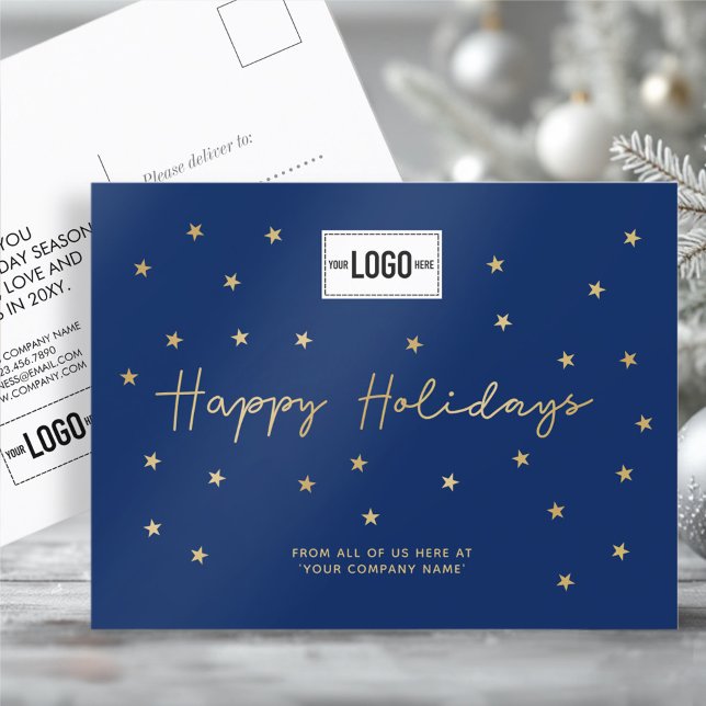 Add Logo Minimalist Gold Stars Navy Business Happy Holiday Postcard (Creator Uploaded)