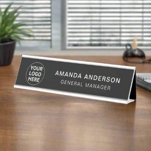 Add Logo - Name - Title Here l Black & White Desk Name Plate