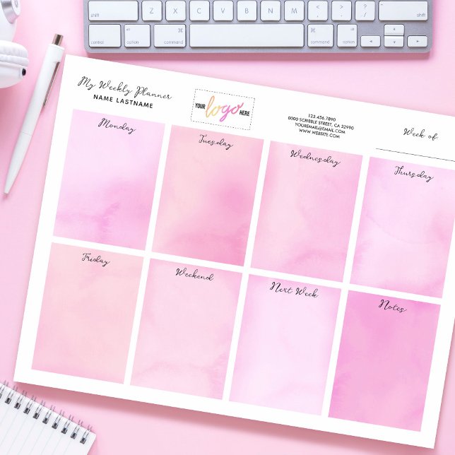  Add Logo Name Watercolor Pink Desk Weekly Planner Notepad (Creator Uploaded)