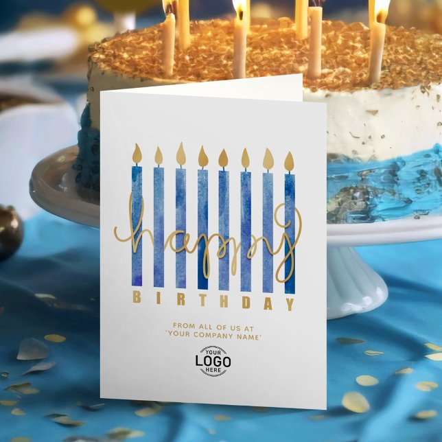 Add Logo Navy Blue Candles Business Happy Birthday Card (Creator Uploaded)