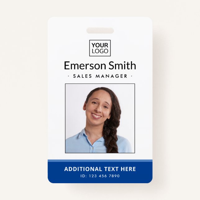 Add logo photo blue white employee name title id badge (Front)