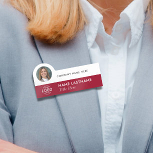 Add Logo Photo Elegant Burgundy Red White Business Name Tag