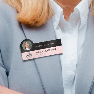Add Logo Photo Modern Blush Pink Black Business Name Tag