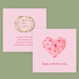 Add Logo Pink Watercolor Heart Valentine Custom Square Business Card
