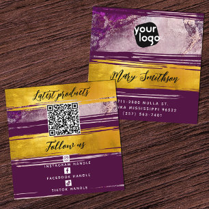 Add Logo & QR Code Modern Gold Purple Personalized Square Business Card