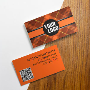 Add Logo & QR Code Orange Plaid Modern Branded Business Card