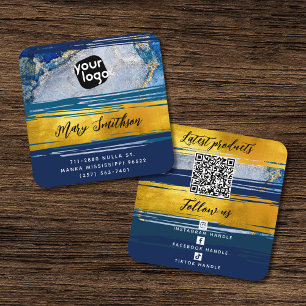  Add Logo, QR Code & Social Media Gold & Navy Blue Square Business Card