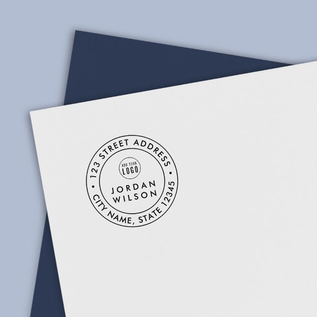 Add Logo Round Double Border Modern Return Address Self-inking Stamp (Creator Uploaded)
