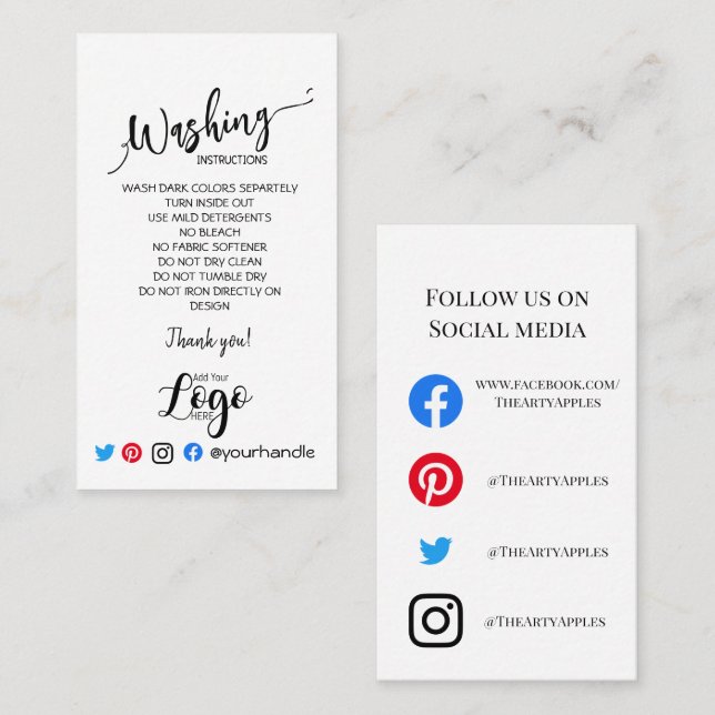 ADD LOGO washing instructions CARE CARDS simple (Front/Back)