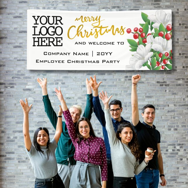 Add Logo Watercolor Floral | Gold Merry Christmas Banner (Creator Uploaded)