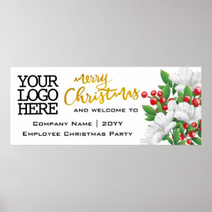 Add Logo Watercolor Floral   Gold Merry Christmas Poster