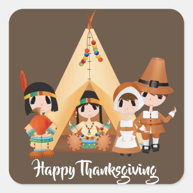 Add message Thanksgiving Pilgrim Indians Square Sticker (Front)