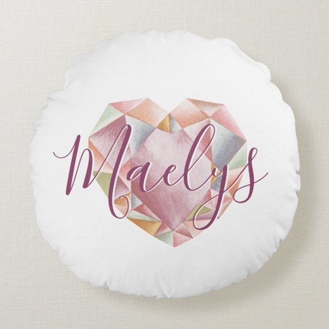 Add Monogram Or Name Cute Blush Pink Heart Diamond Round Pillow (Front)