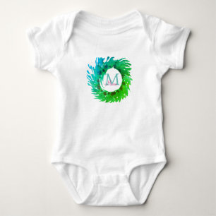 Add monogram pink green green Christmas wreath Baby Bodysuit