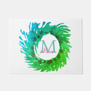 Add monogram pink green green Christmas wreath Doormat