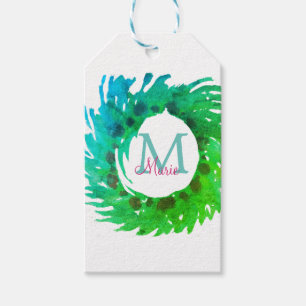 Add monogram pink green green Christmas wreath Gift Tags