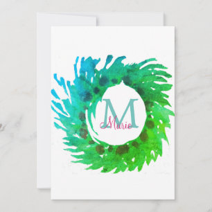 Add monogram pink green green Christmas wreath Invitation