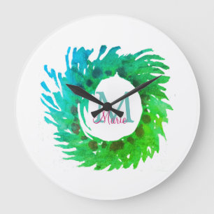 Add monogram pink green green Christmas wreath Large Clock