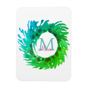 Add monogram pink green green Christmas wreath Magnet