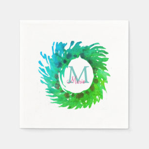 Add monogram pink green green Christmas wreath Napkin