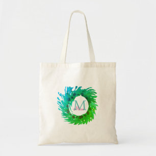 Add monogram pink green green Christmas wreath Tote Bag
