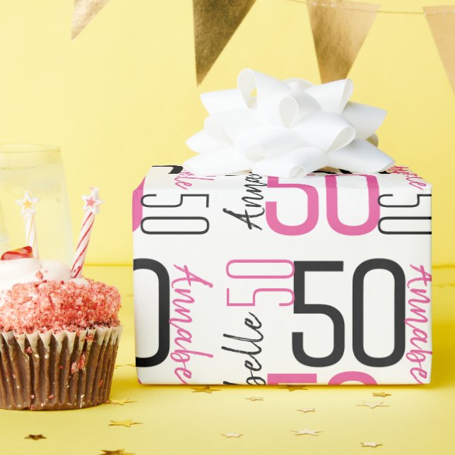Add Name 50th Birthday Pink Black Wrapping Paper (Birthday Party)