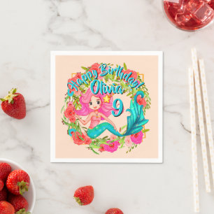 Add Name Age Pink Mermaid Blue Tail Birthday Party Napkin