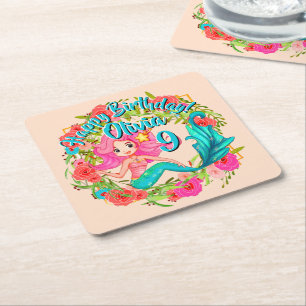 Add Name Age Pink Mermaid Blue Tail Birthday Party Square Paper Coaster