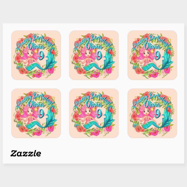 Add Name Age Pink Mermaid Blue Tail Birthday Party Square Sticker (Sheet)