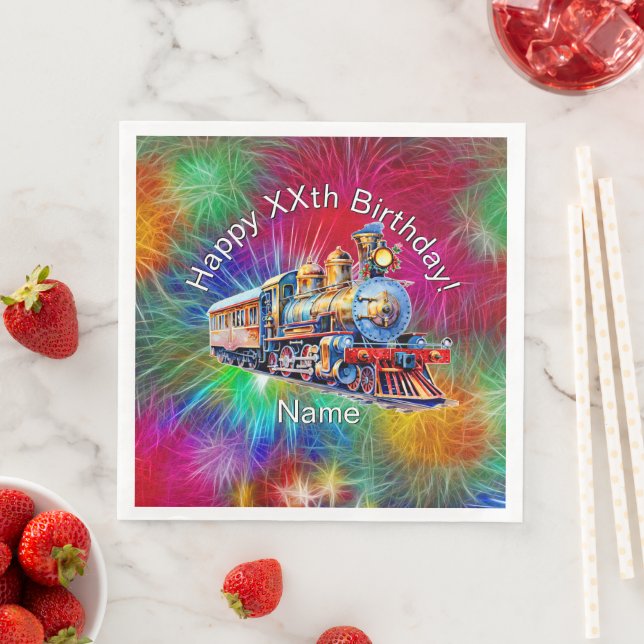 Add Name Age, Steam Train Birthday Party        Napkin (Insitu)
