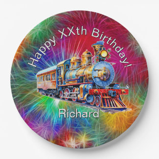Add Name Age, Steam Train Birthday Party Paper Plate