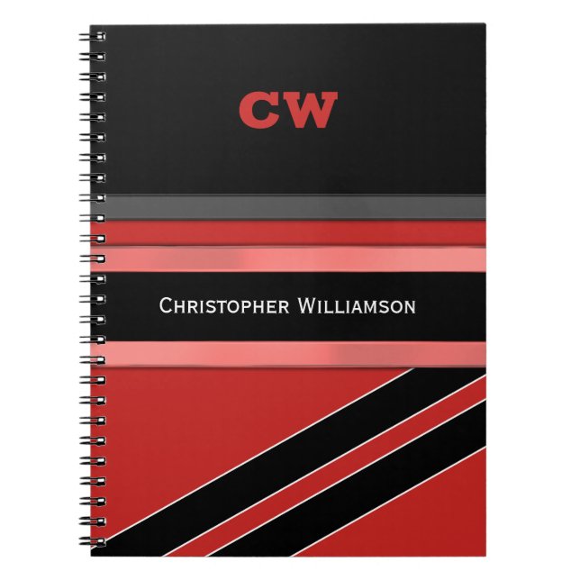 Add name and initials red black office notebook (Front)