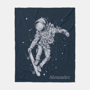 Add Name Astronaut Skateboarder on Midnight Blue Fleece Blanket