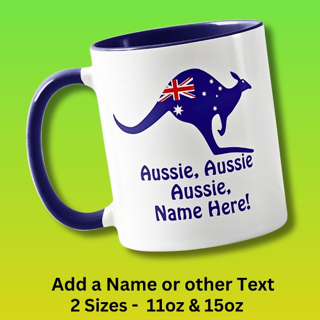 Add Name, Aussie Aussie Aussie, Blue Kangaroo Flag Mug (Creator Uploaded)