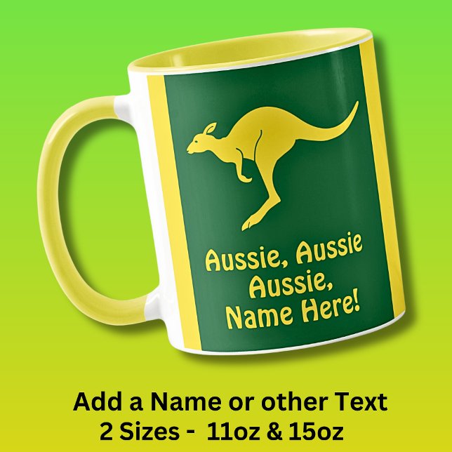 Add Name, Aussie Aussie Aussie Green Gold Kangaroo Mug (Creator Uploaded)
