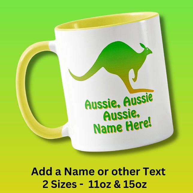 Add Name, Aussie Aussie Aussie Green Gold Kangaroo Mug (Creator Uploaded)