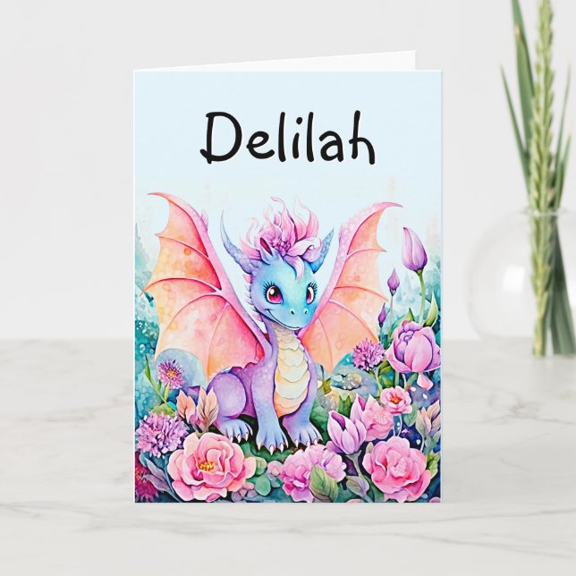 Add Name Baby Dragon on Blue Background Holiday Card (Front)