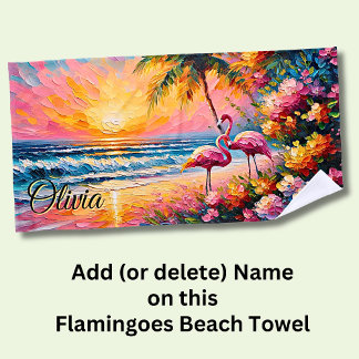 Add Name Beach Sunset Flamingoes Tropical Flowers Beach Towel